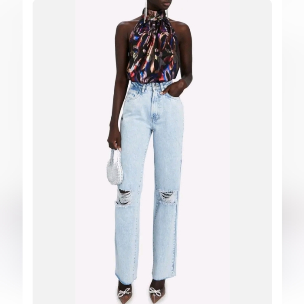 Weworewhat Dad High Rise Distressed Light Straight Raw Hem Y2K Jeans 29